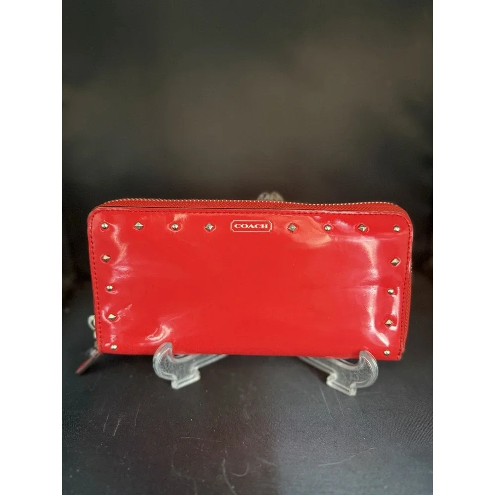 Coach Red Crimson Patent Leather Studded Zip-Around Wallet Glossy Silver